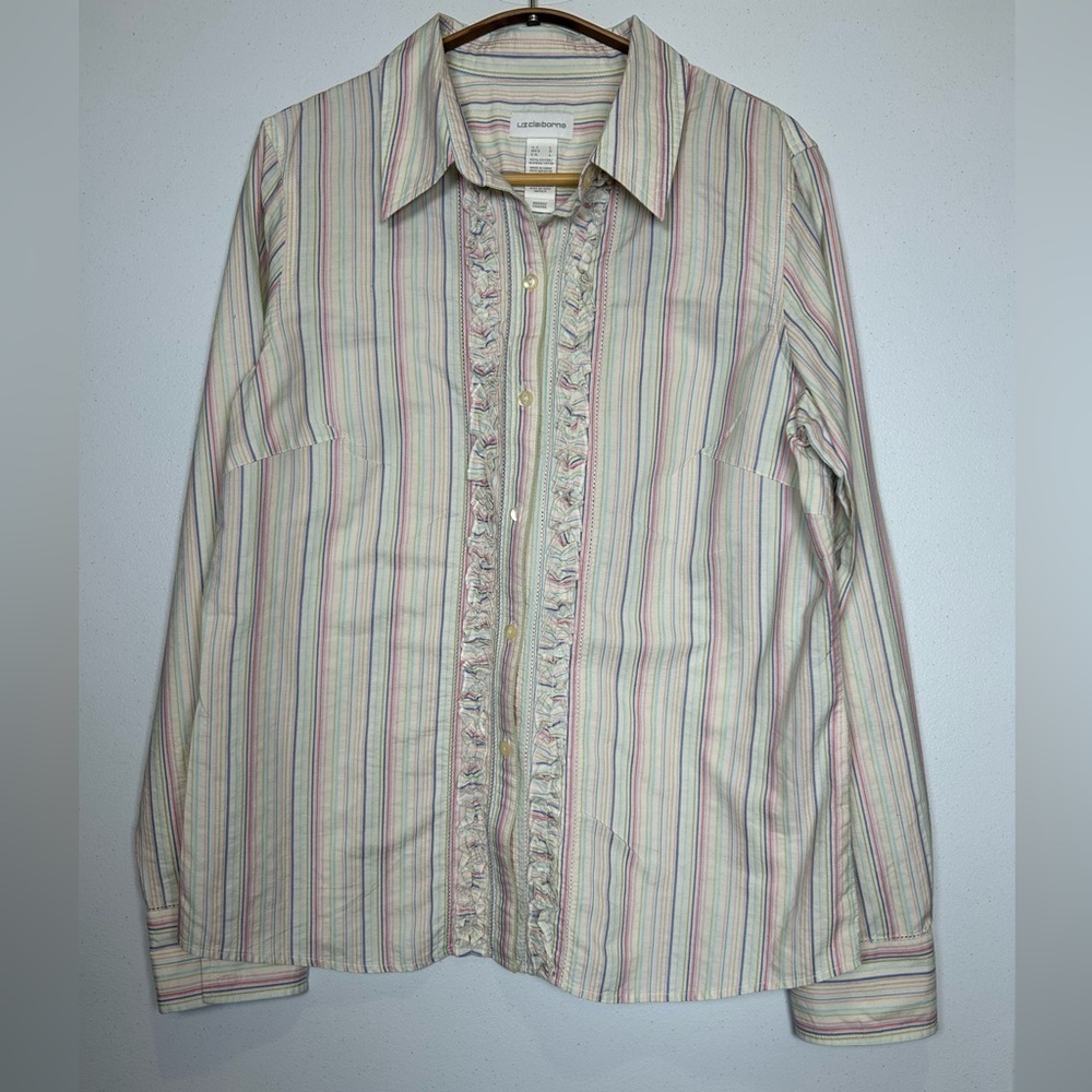 Romantic Preppy Pastel Striped Button-Up Shirt with Ruffle Detail. Size L.